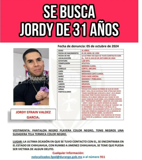 Familiares buscan desesperadamente a Jordy Efraín Valdez García, desaparecido en Jiménez.